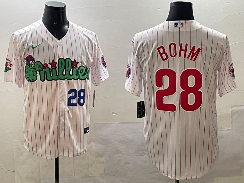 Men Philadelphia Phillies #28 Bohm White Stripe Three generations Joint Name Game 2025 Nike MLB Jersey style 3